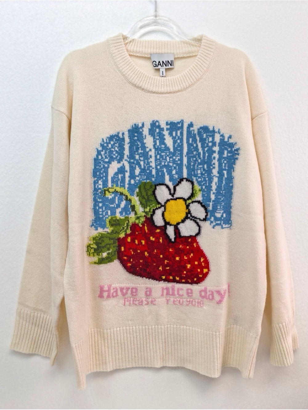 Ganni Cream Sweater with Blue Logo, Red Strawberry & Pink Text